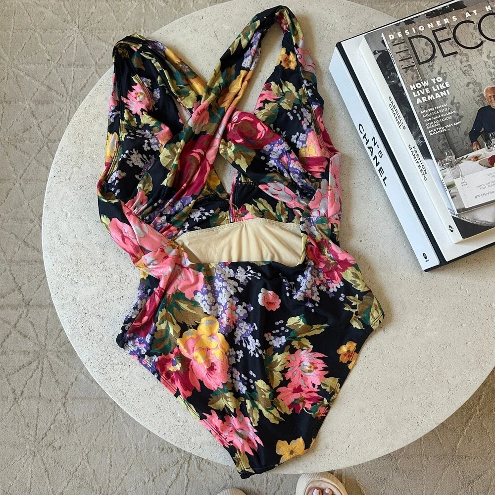 Anthropologie Allihop Black Floral Zinnia Plunge One Piece Swimsuit Boho L - Picture 8 of 9